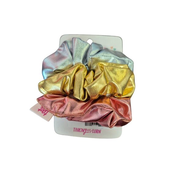 Set Of 3 Metallic Scrunchies In Gold Silver & Pink By Talking Out Of Turn - Picture 4 of 6